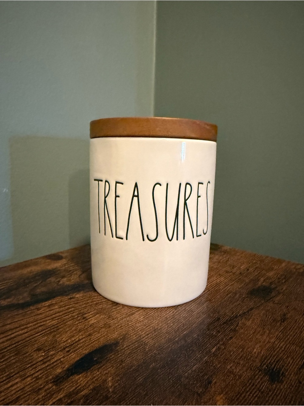 Rae Dunn TREASURES Ceramic Kitchen Canister with Wood Lid